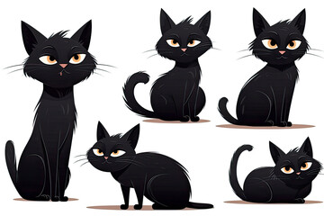 Wall Mural - Funny black cat character in different poses isolated on a white background