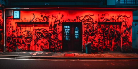 Wall Mural - Tokyo City by Night, Anime and Manga drawing illustration, city ​​views, red neon, Generative AI