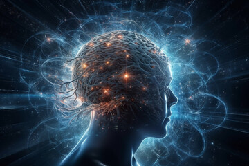 Wall Mural - State of mind concept. Consciousness is a fundamental and ubiquitous aspect of the universe. Man portrait dark silhouette and consciousness represents colorful universe and space. Generative AI