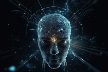 Wall Mural - State of mind concept. Consciousness is a fundamental and ubiquitous aspect of the universe. Man portrait dark silhouette and consciousness represents colorful universe and space. Generative AI