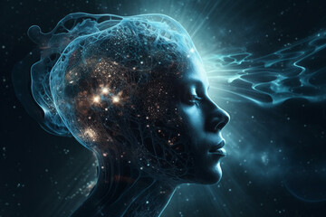 State of mind concept. Consciousness is a fundamental and ubiquitous aspect of the universe. Woman portrait dark silhouette and consciousness represents colorful universe and space. Generative AI