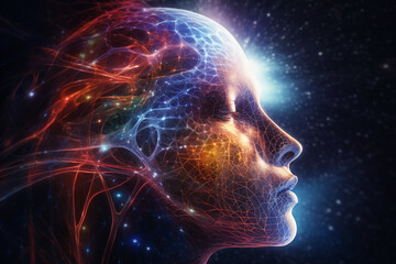 Wall Mural - State of mind concept. Consciousness is a fundamental and ubiquitous aspect of the universe. Woman portrait dark silhouette and consciousness represents colorful universe and space. Generative AI