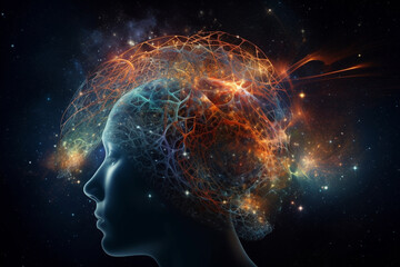 Wall Mural - State of mind concept. Consciousness is a fundamental and ubiquitous aspect of the universe. Woman portrait dark silhouette and consciousness represents colorful universe and space. Generative AI