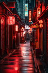 Wall Mural - Tokyo City by Night, Anime and Manga drawing illustration, city ​​views, red neon, Generative AI