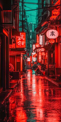 Wall Mural - Tokyo City by Night, Anime and Manga drawing illustration, city ​​views, red neon, Generative AI