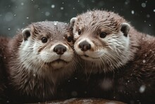 Wildlife Photography - Adorable White Otters Cuddling Under Falling Snow In Extreme Close-Up - Generative AI