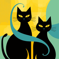 Two black cats. Handmade drawing vector illustration. Retro style poster. Art deco style. Green-yellow color