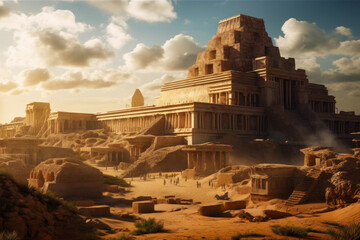 Ancient city of Babylon with the tower of Babel, bible and religion. AI generated, human enhanced