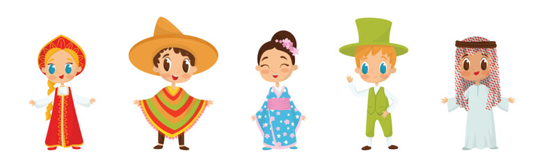 Wall Mural - Smiling Boy and Girl Wearing Costumes of Different Countries Vector Set