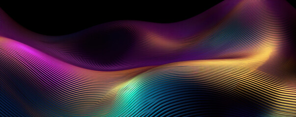 Generative AI abstract image of creative glittering colorful wave curvy line design elements with minimal texture reflecting on isolated on black background