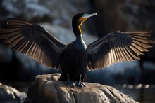 Phalacrocorax Perched On Rock, With Its Wings Spread Open. Generative AI