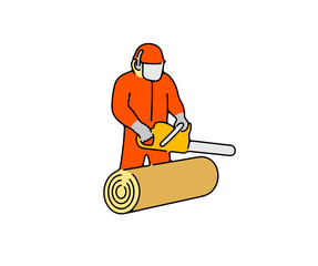 Lumberjack with chainsaw felling trees, silhouette and graphic design. Woodcutter or lumberman sawing with a chainsaw on sawmill or forest, vector design and illustration