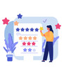  User input, customer experience, and client gratification represent the notion of product and service evaluations, including ratings and assessments. The people characters giving star feedback.