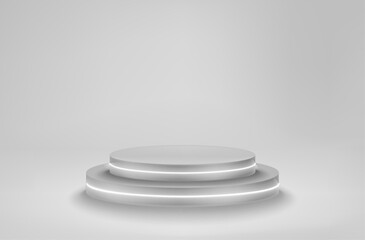 Poster - Empty white podium with neon. Vector 3d mockup for product design

