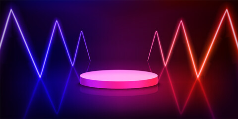 Sticker - Illuminated interior with empty podium and neon glowing яшпяфпы. 3d vector illustration