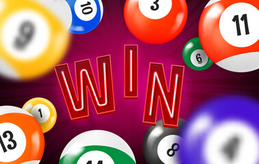 Aufkleber - Winning concept with flying billiard balls. 3d vector frame with copy space
