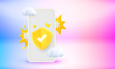 Poster - Modern smartphone with shield and blank screen. 3d vector banner with copy space
