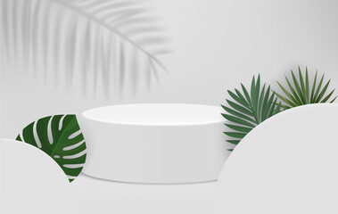 Poster - Bright room with podium and green leaves. Eco friendly product showcase template. 3d vector background