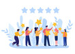 Illustration of people characters giving five-star feedback through stars rating system. Vector concepts depicting customer reviews with both positive and negative ratings. Vector.