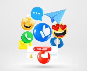 Aufkleber - Social media icons and emoji with account profile. Vector 3d illustration
