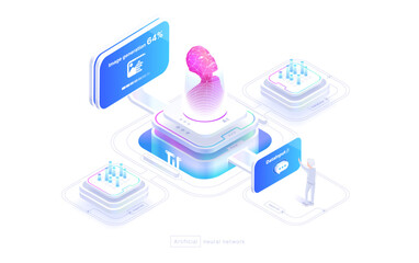 Poster - Technologies of neural networks A person uses a neural network. Chat with artificial intelligence, image generation. The structure of the neural network. Isometric image 3d style