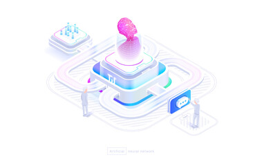 Poster - Technologies of neural networks A person uses a neural network. Chat with artificial intelligence, image generation. The structure of the neural network. Isometric image 3d style