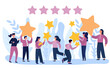  User input, customer experience, and client gratification represent the notion of product and service evaluations, including ratings and assessments. The people characters giving star feedback.