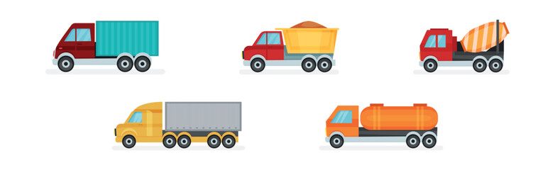 Wall Mural - Lorry, Dump Truck, Cement Truck and Van as Cars and Wheeled Motor Vehicle Vector Set