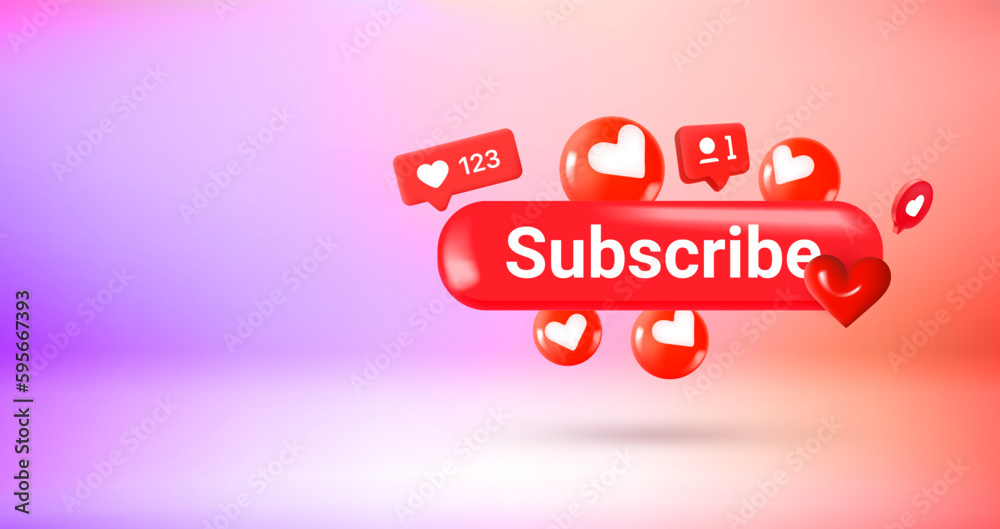 Social media icons and Subscribe button. Vector 3d banner with copy ...