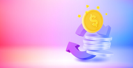 Poster - Golden coins stack with arrows. Payment concept. 3d vector banner with copy space