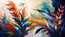 Colorful Abstract Plants And Flowers In Vivid Autumnal Shades. Impressionist Floral Art Print Painting Background Wallpaper.