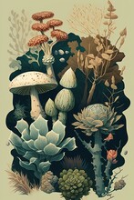 Mushrooms, Fungi, And Flowers In The Forest. Succulents Illustration, Retro, Vintage Poster. Plants, Botany, And Fauna.