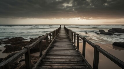 Wall Mural - Beach pier, pier leading out to the ocean and rough seas, waves and rocks around the pier, AI