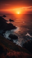 Wall Mural - Overlooking a cliff out over he sea at sunset, ocean and cliffs, AI