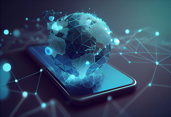 Global network connection on mobile. blue world polygonal mesh and line on smartphone as business. Generative AI