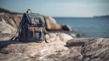 Fototapeta  - Backpack on a big rock near the beach and sea in sunlight - AI Phorography