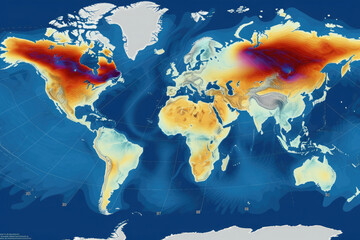 Wall Mural - world map with weather forecast app. weather prediction data on monitor screen. concept of meteorolo