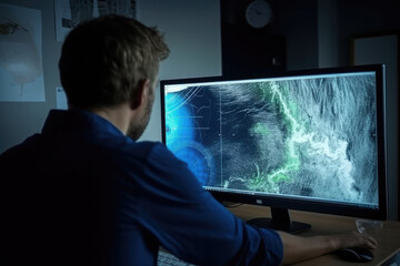 Wall Mural - meteorologist monitoring weather forecast at monitor screen. workplace in meteorological department.