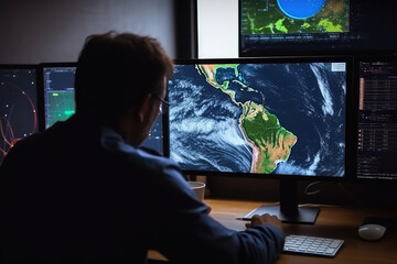 Wall Mural - meteorologist monitoring weather forecast at monitor screen. workplace in meteorological department.