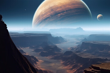Wall Mural - surface of unknown planet with craters and mountains. rising star in sky against of lifeless planet 
