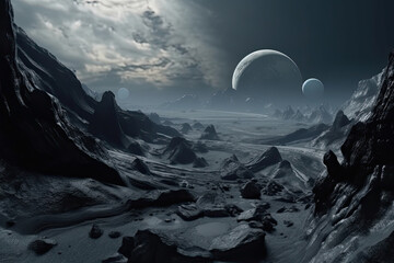 Wall Mural - surface of unknown planet with craters and mountains. rising star in sky against of lifeless planet 