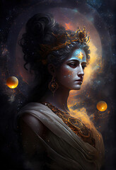 Wall Mural - greek goddess in galaxy full of stars and planets (generative ai)