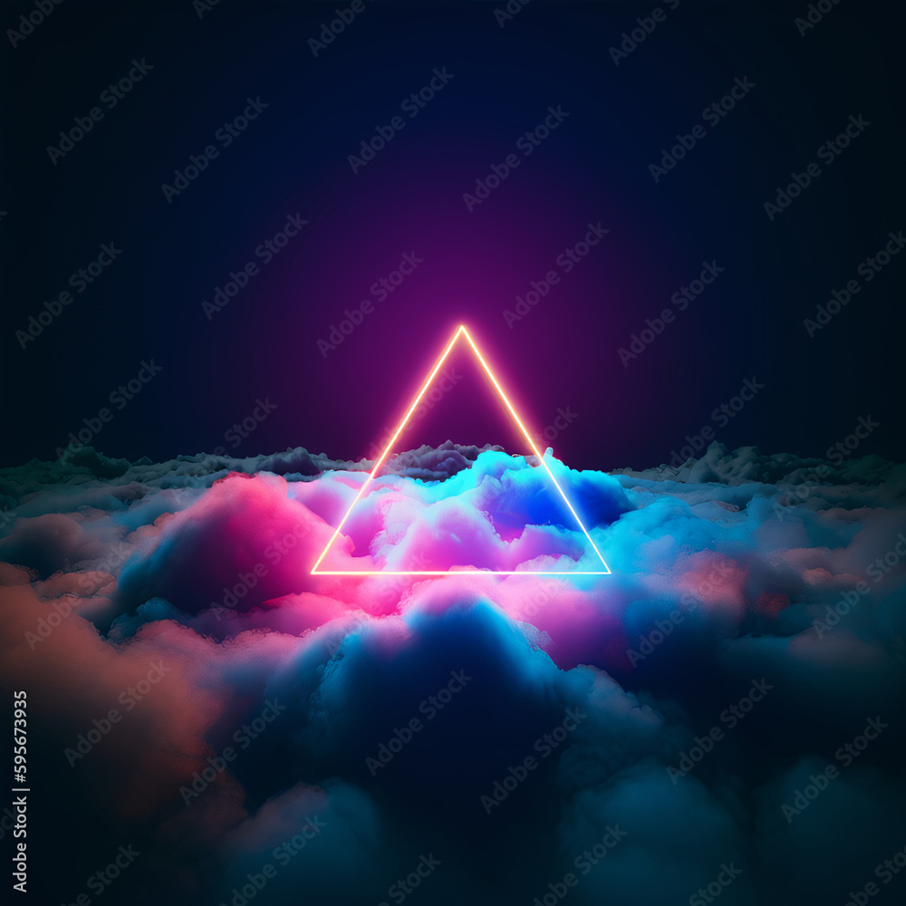 3D Shape Render, Abstract neon triangle illuminated cloud on dark night ...