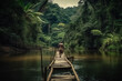 © wetzkaz - adventure, on a wooden small bridge along a river, in the jungle. fictional place. Generative AI