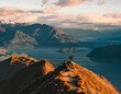 Roys peak beautiful mountain landscape background. Lake Wanaka New Zealand. Top view mountains overlooking scenic view of alpine landscape. Hiking in New Zealand. Popular tourism and travel location