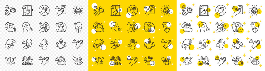Poster - Stop touch face, eyes and medical mask. Touch warning line icons. Covid cough symptoms, wash and disinfect hands icons. Do not press lift buttons, protect face with medical mask. Vector