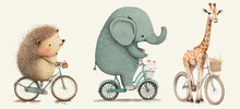 Safari Animal Set Hedgehog, Giraffe And Elephant On Bikes In Watercolor Style. Isolated. Generative AI