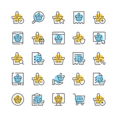 Wall Mural - Shopping basket line icons. Set of shopping basket icons. Black, blue and yellow colors. Modern outline graphic design. Vector line icons set