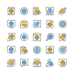 Poster - Target line icons. Set of target icons. Black, blue and yellow colors. Modern outline graphic design. Vector line icons set