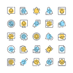 Poster - Notifications line icons. Set of bell icons. Black, blue and yellow colors. Modern outline graphic design. Vector line icons set